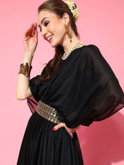 Black Solid Pleated Party Gown with Embroidered Belt - inddus-us
