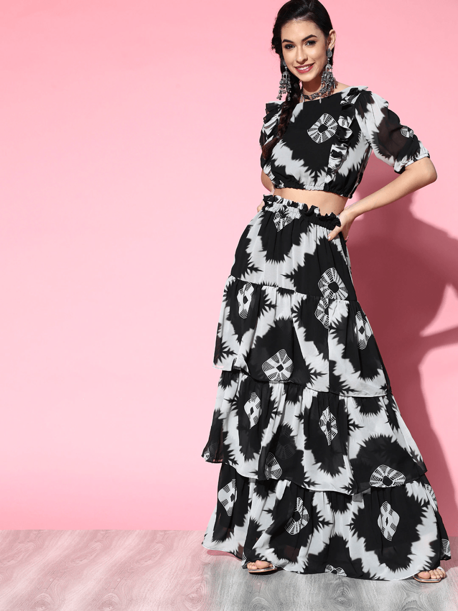 Black Tie and Dye Printed Ruffled Skirt with Top - Inddus.com
