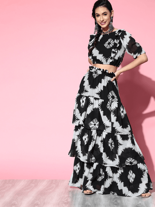 Black Tie and Dye Printed Ruffled Skirt with Top - Inddus.com
