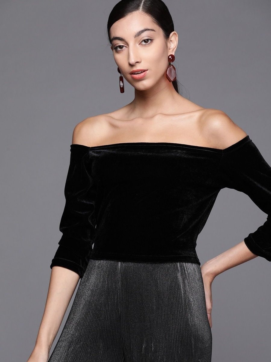 Black Velvet Solid Crop Top - inddus-us