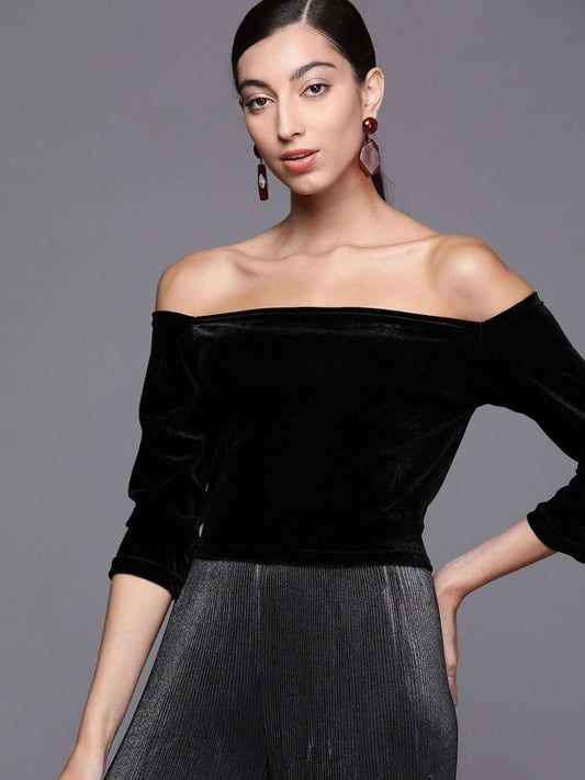 Black Velvet Solid Crop Top - inddus-us