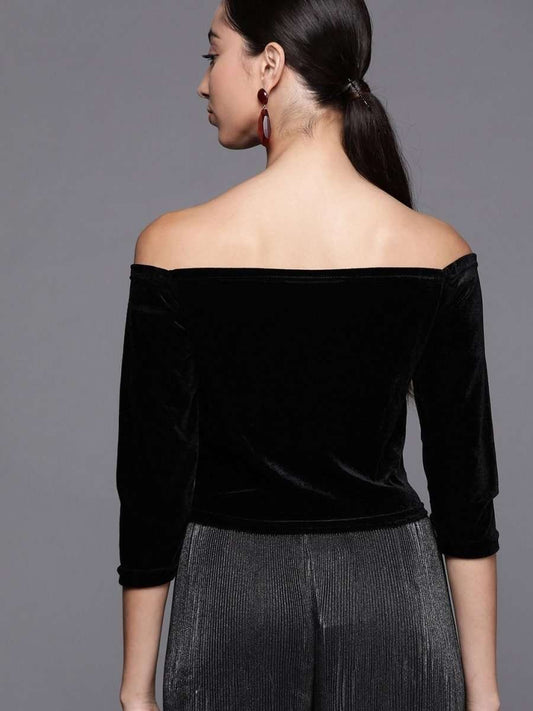 Black Velvet Solid Crop Top - inddus-us