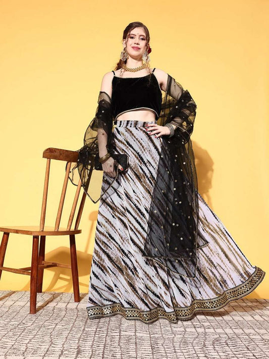 Black & White Embellished Semi-Stitched Lehenga & Unstitched Blouse With Dupatta - Inddus.com