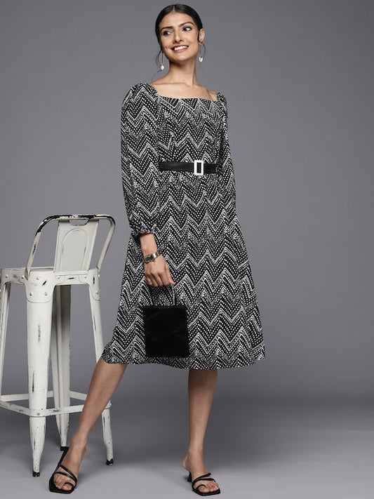 Black & White Tribal A-Line Midi Dress - Inddus.com