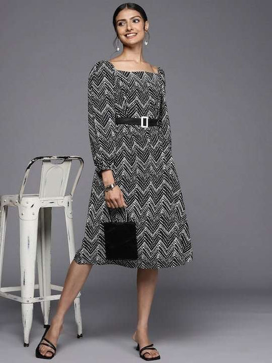 Black & White Tribal A-Line Midi Dress - Inddus.com