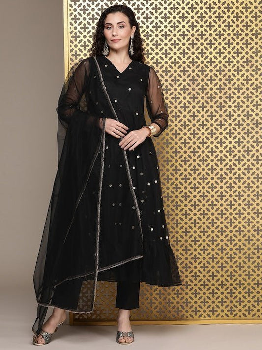 Black Women Floral Embroidered Regular Sequinned Kurta with Trousers & With Dupatta - Inddus.com