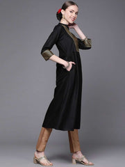 Black Woven Stripes Cotton Kurta - Inddus.com