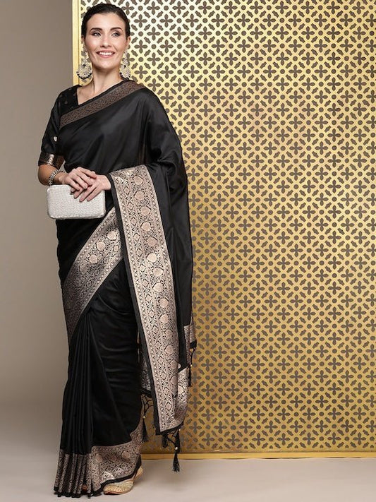 Black Zari Silk Blend Saree - Inddus.com