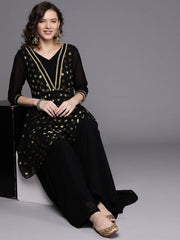 Black Zari Woven Polka dot Kurta with Layered Sharara - Inddus.com