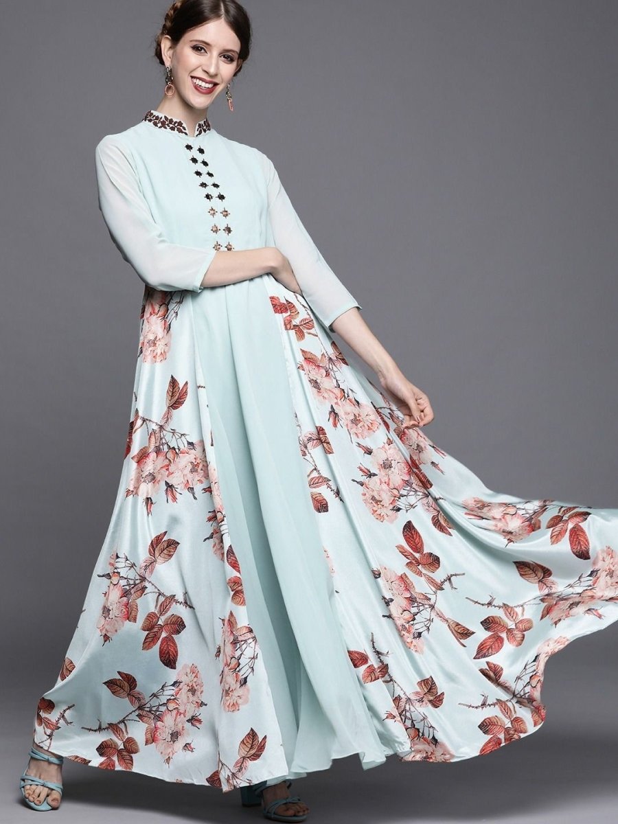 Blue and Brown Printed Maxi Dress - inddus-us