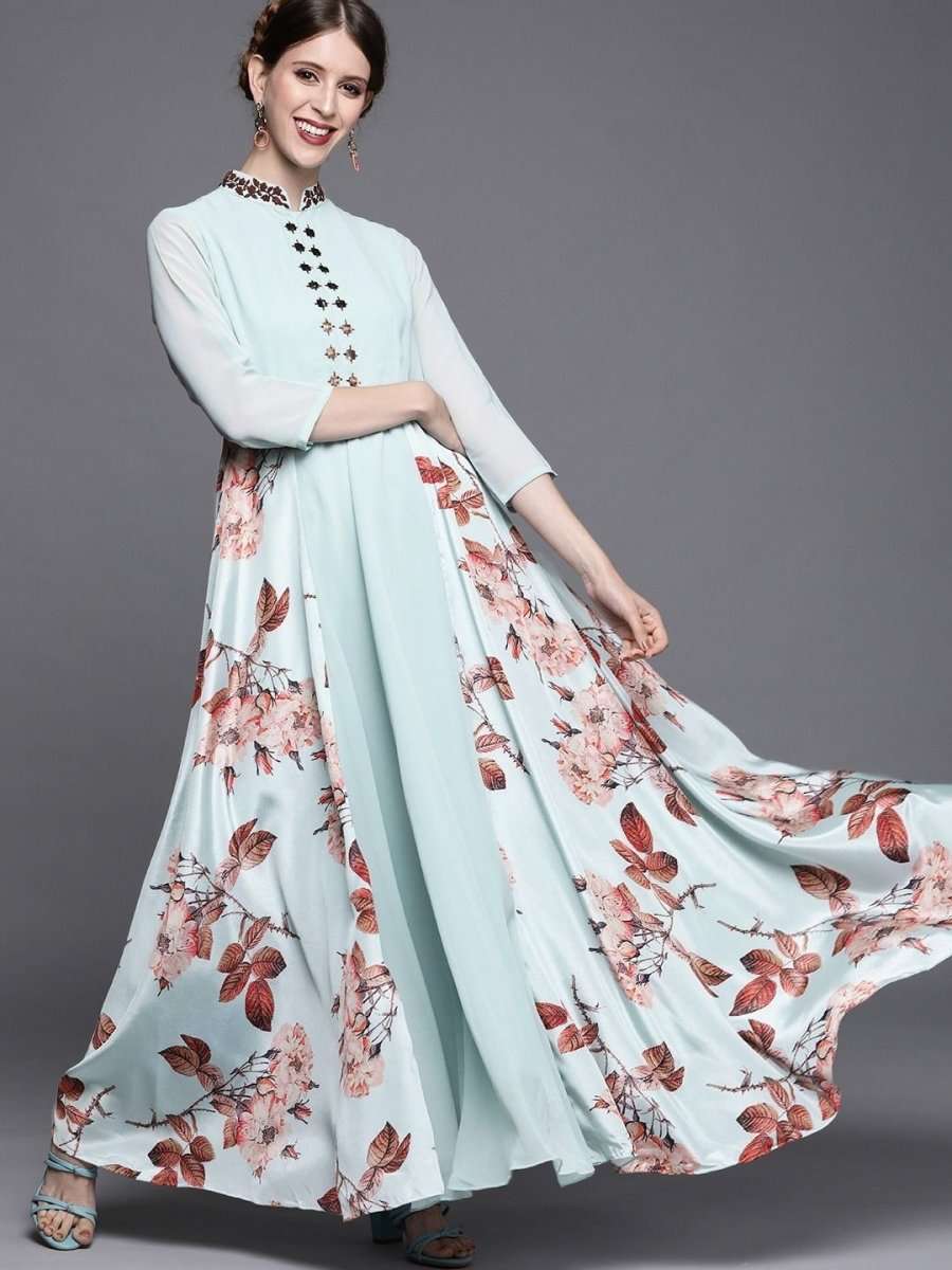 Blue and Brown Printed Maxi Dress - inddus-us