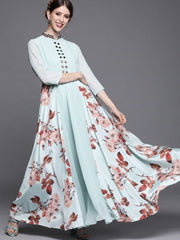 Blue and Brown Printed Maxi Dress - inddus-us