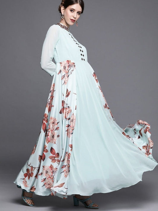 Blue and Brown Printed Maxi Dress - inddus-us