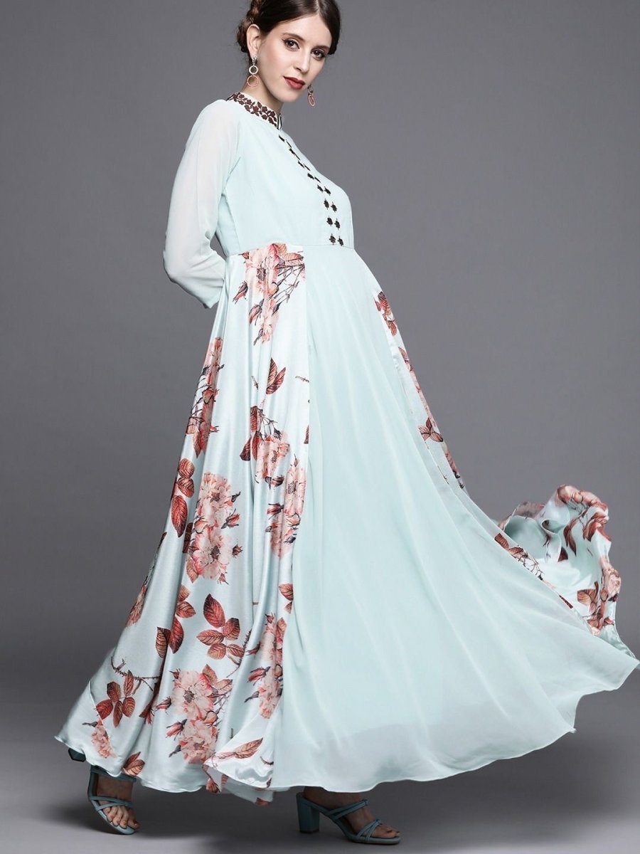 Blue and Brown Printed Maxi Dress - inddus-us