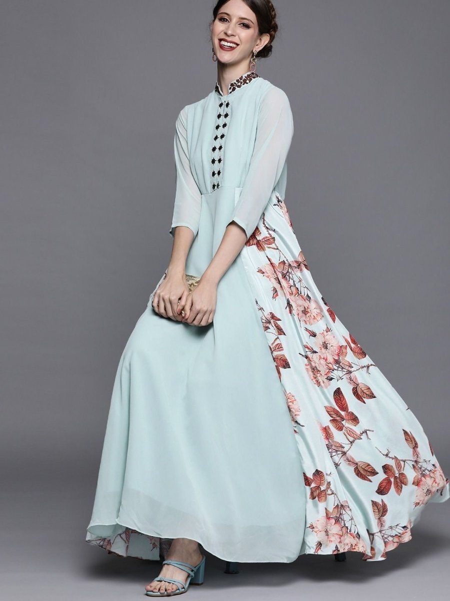 Blue and Brown Printed Maxi Dress - inddus-us