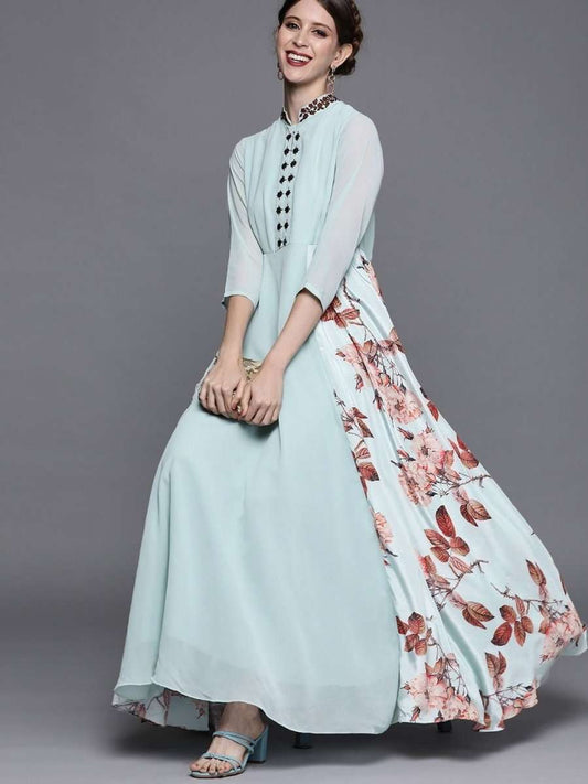 Blue and Brown Printed Maxi Dress - inddus-us