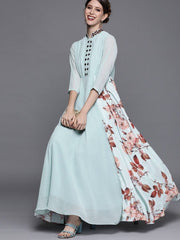 Blue and Brown Printed Maxi Dress - inddus-us