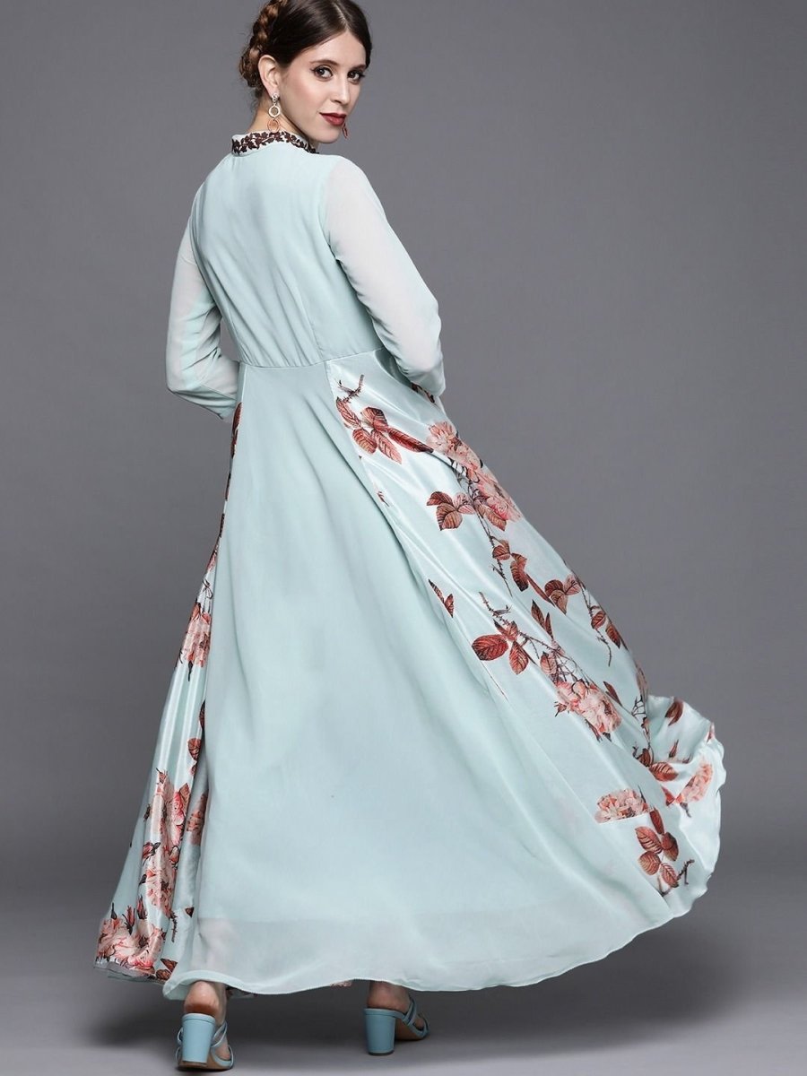 Blue and Brown Printed Maxi Dress - inddus-us