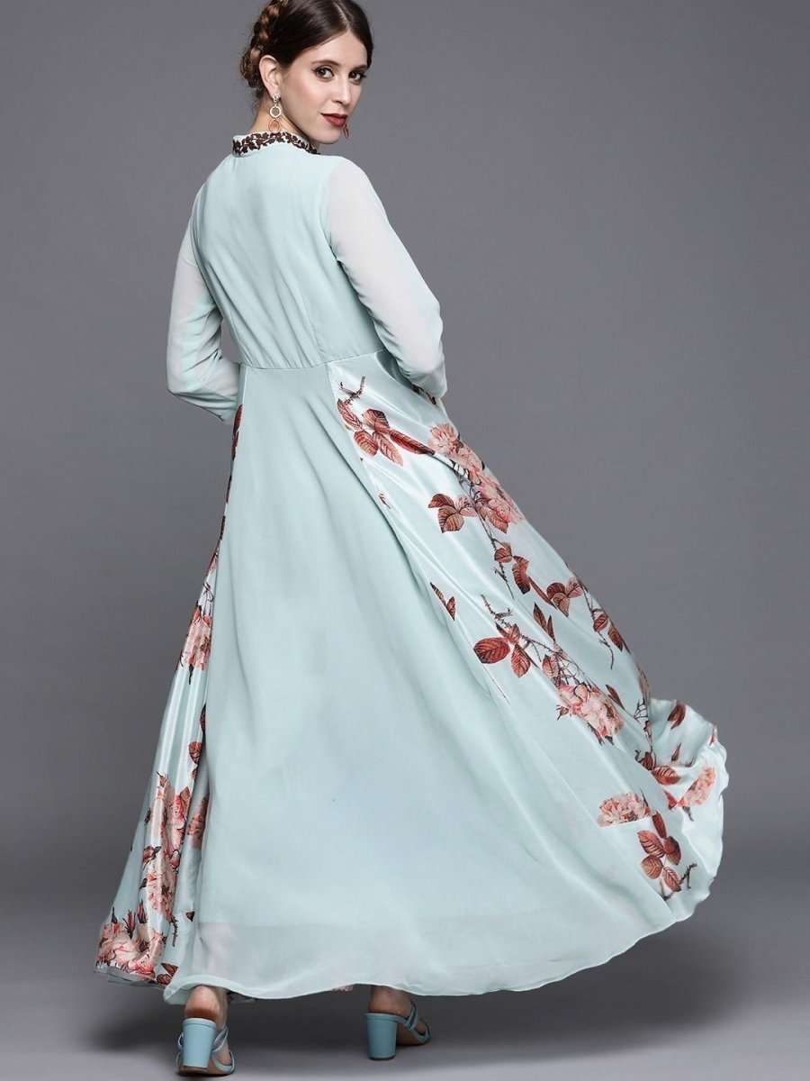 Blue and Brown Printed Maxi Dress - inddus-us