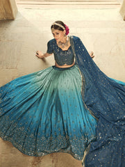 Blue and Teal Silk Embroidered Lehenga Choli - Inddus.com