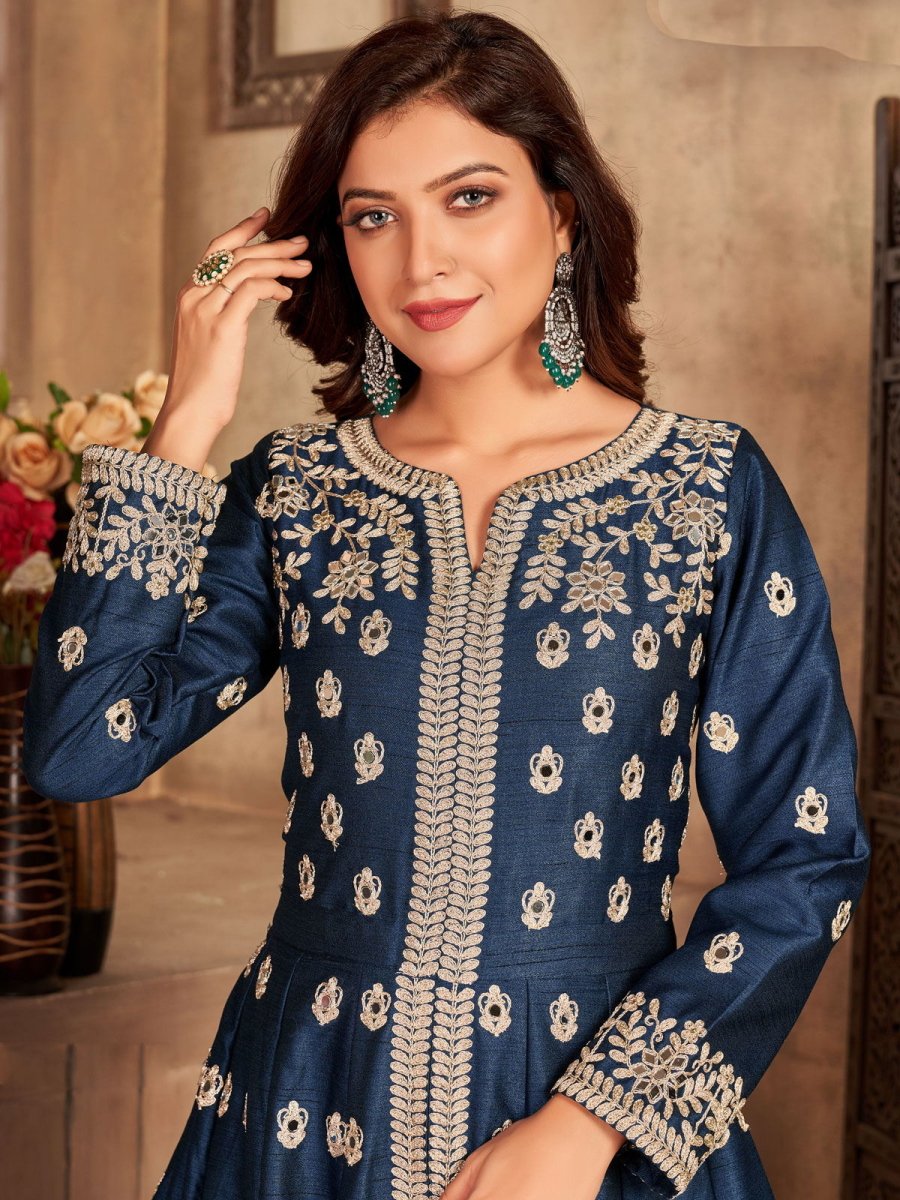 Blue Art Silk Designer High Slit Style Suit - Inddus.com