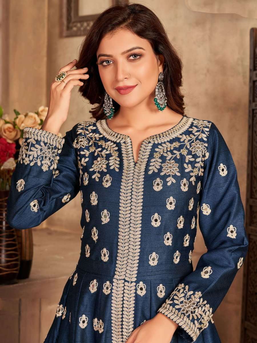 Blue Art Silk Designer High Slit Style Suit - Inddus.com