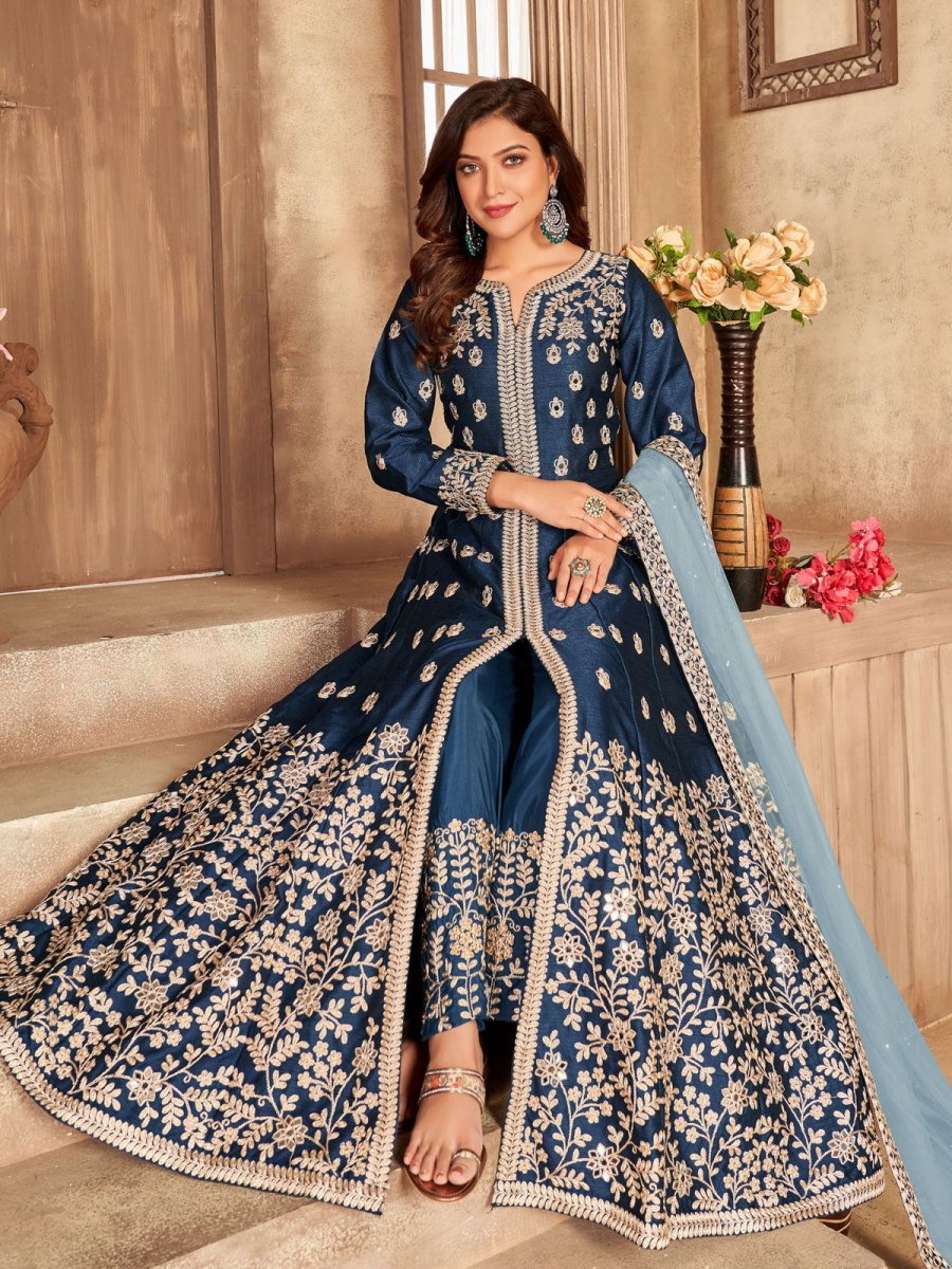 Blue Art Silk Designer High Slit Style Suit - Inddus.com