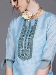 Blue Chanderi Cotton Solid Straight Cut Suit - inddus-us