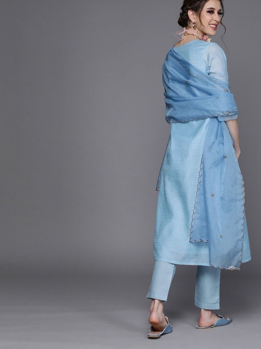 Blue Chanderi Cotton Solid Straight Cut Suit - inddus-us