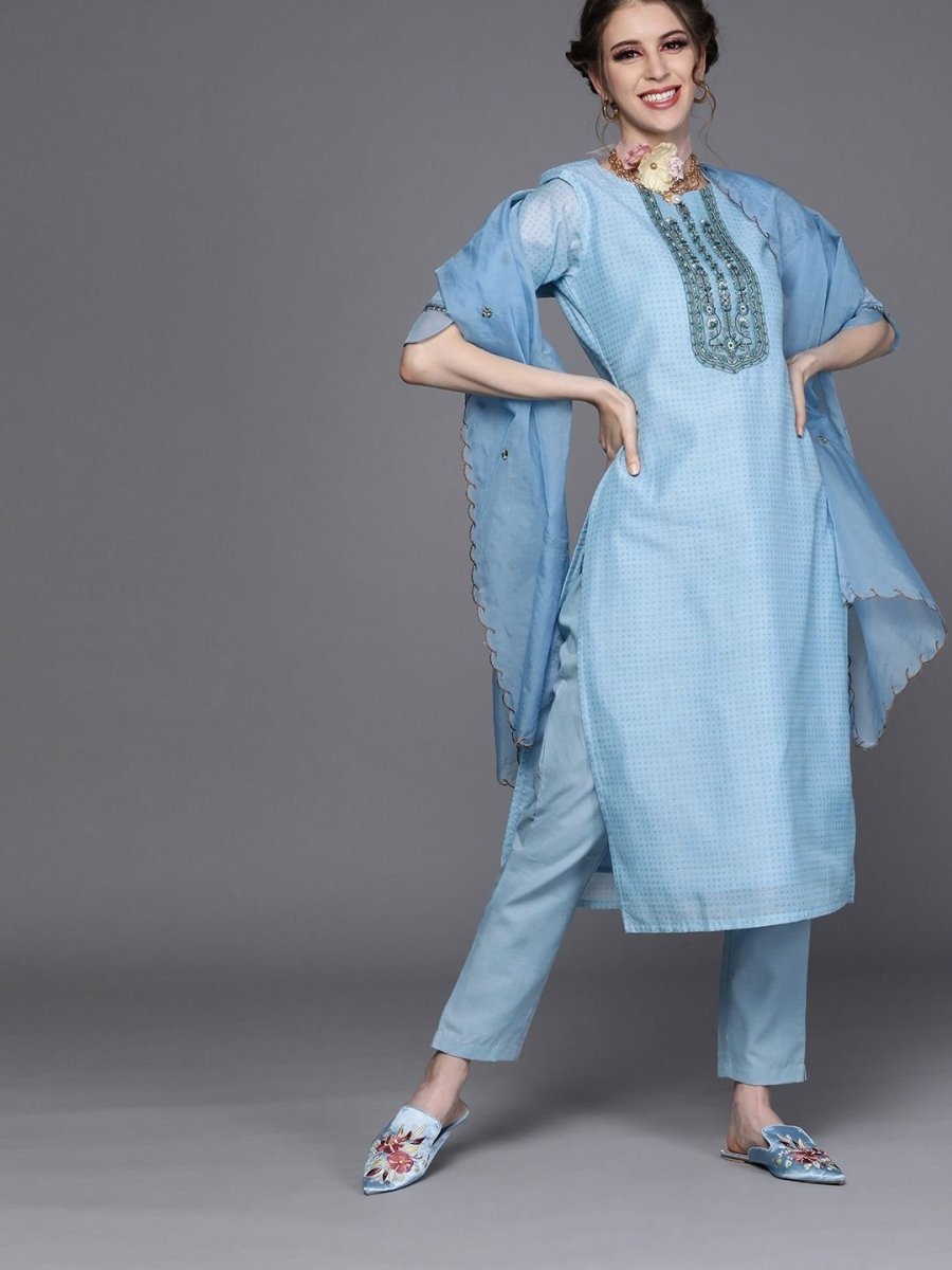 Blue Chanderi Cotton Solid Straight Cut Suit - inddus-us