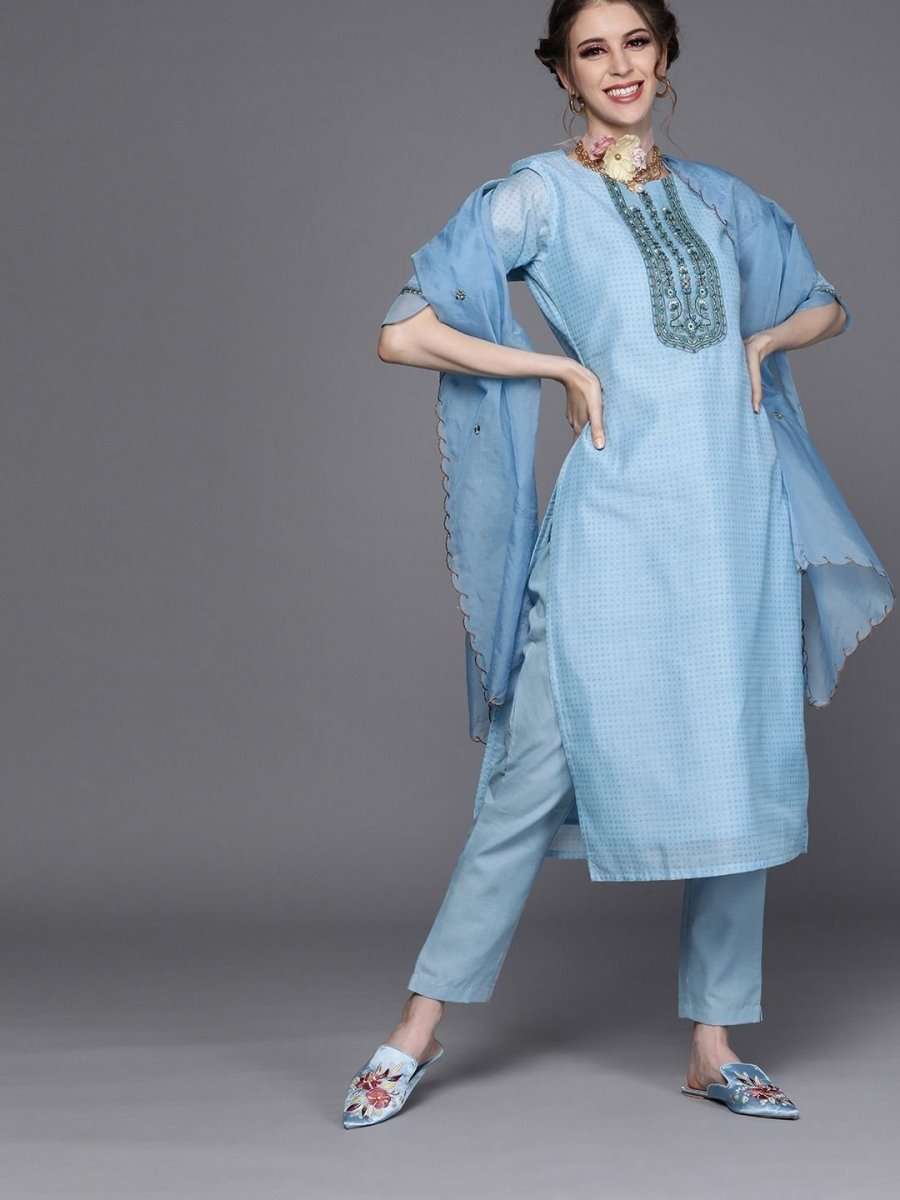 Blue Chanderi Cotton Solid Straight Cut Suit - inddus-us