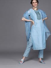 Blue Chanderi Cotton Solid Straight Cut Suit - inddus-us