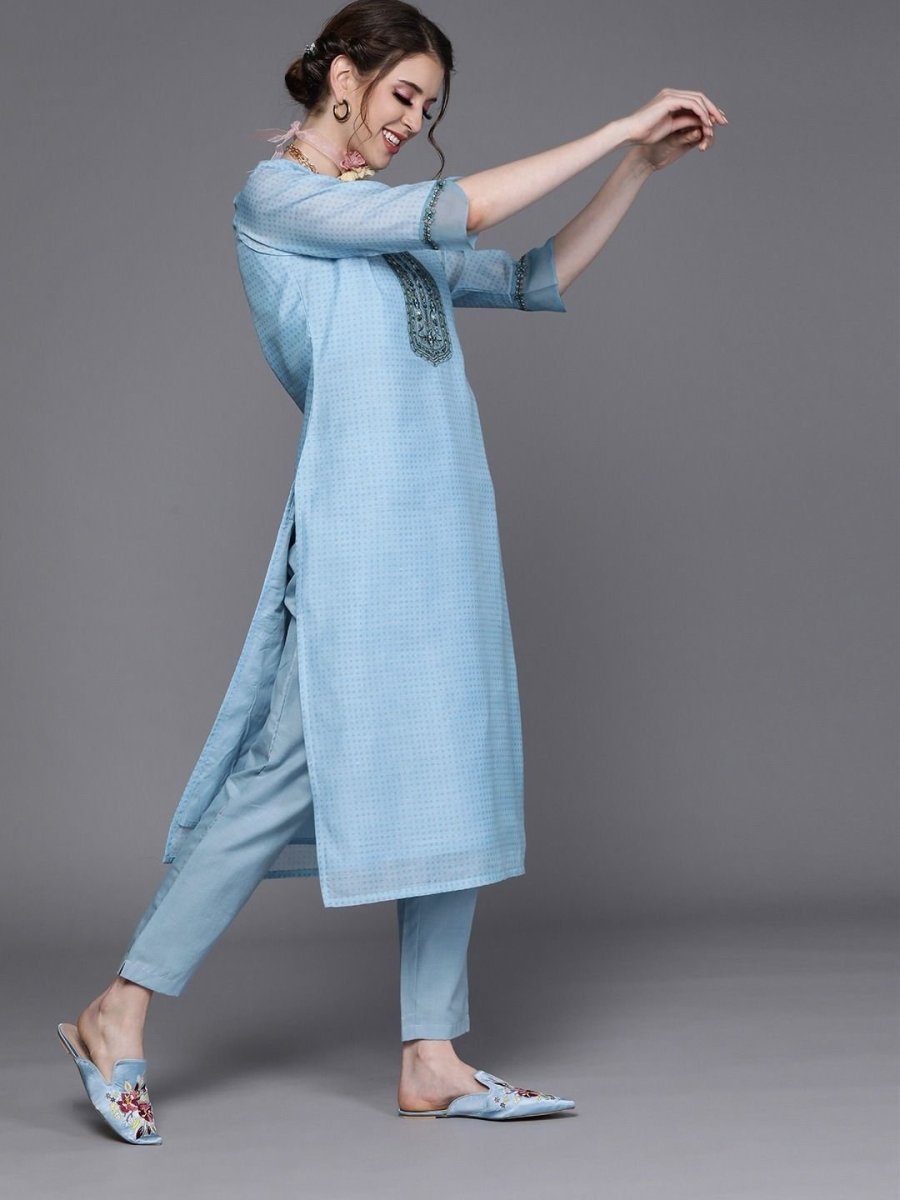 Blue Chanderi Cotton Solid Straight Cut Suit - inddus-us