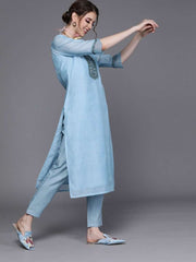 Blue Chanderi Cotton Solid Straight Cut Suit - inddus-us