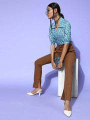 Blue Cotton Blend Printed Crop Top - Inddus.com