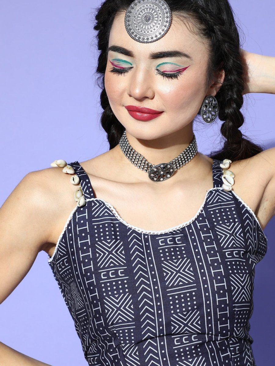 Blue Cotton Blend Printed Crop Top - Inddus.com