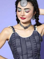 Blue Cotton Blend Printed Crop Top - Inddus.com