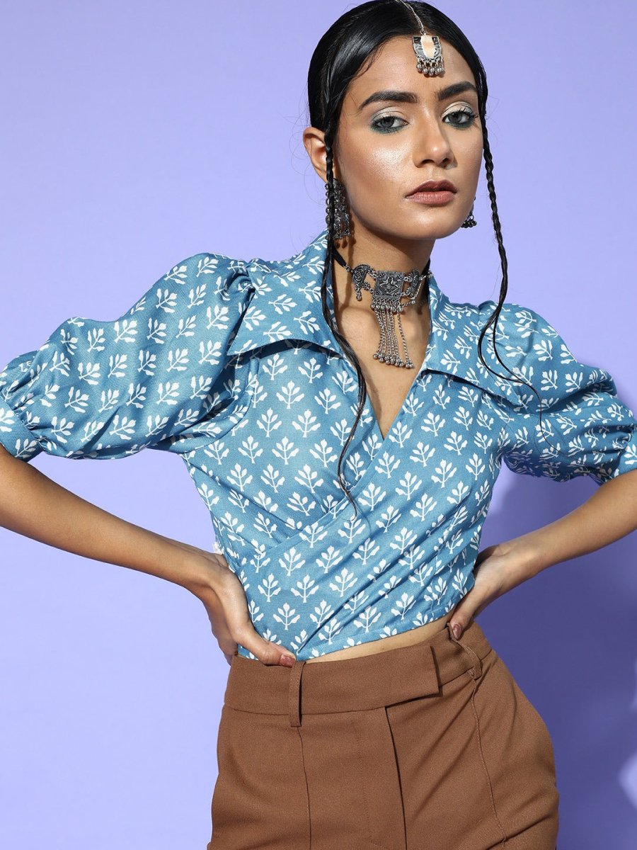 Blue Cotton Blend Printed Crop Top - Inddus.com