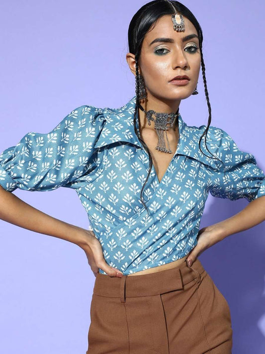 Blue Cotton Blend Printed Crop Top - Inddus.com