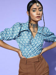 Blue Cotton Blend Printed Crop Top - Inddus.com