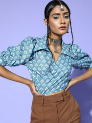 Blue Cotton Blend Printed Crop Top - Inddus.com