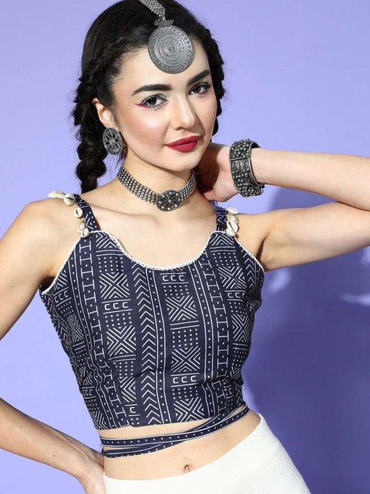 Blue Cotton Blend Printed Crop Top - Inddus.com