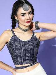 Blue Cotton Blend Printed Crop Top - Inddus.com