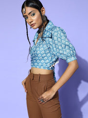 Blue Cotton Blend Printed Crop Top - Inddus.com
