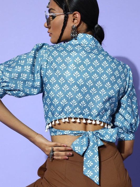 Blue Cotton Blend Printed Crop Top - Inddus.com