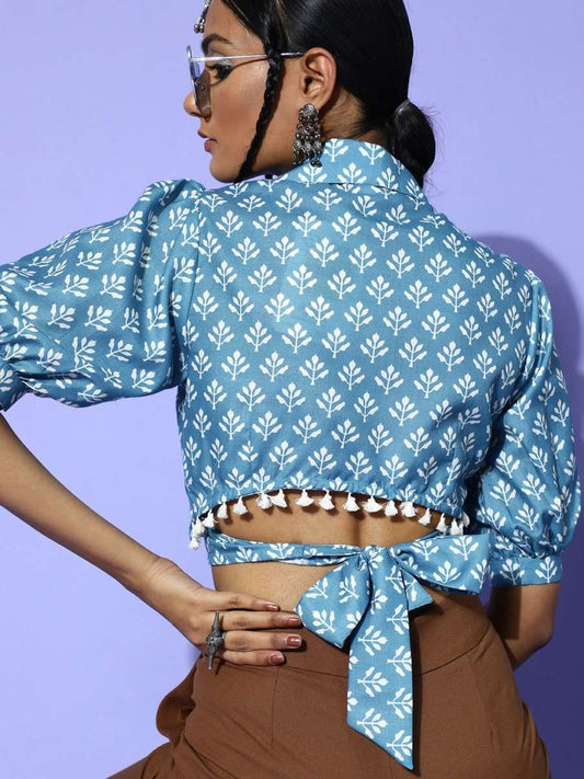 Blue Cotton Blend Printed Crop Top - Inddus.com