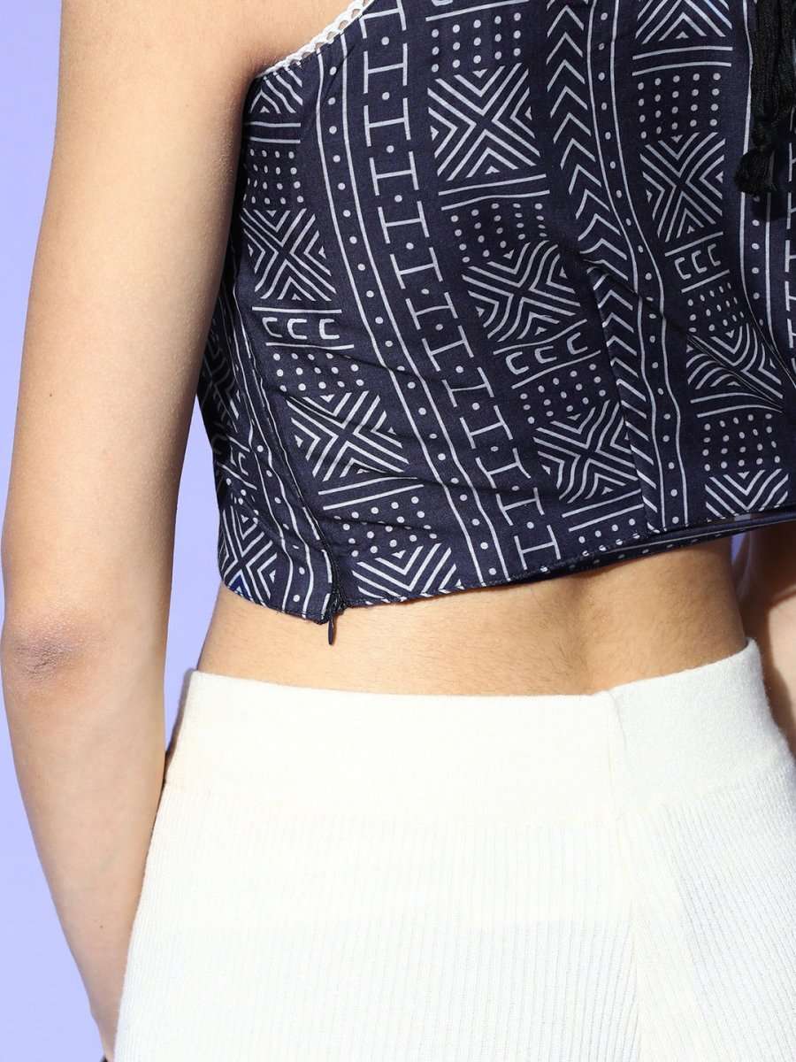 Blue Cotton Blend Printed Crop Top - Inddus.com