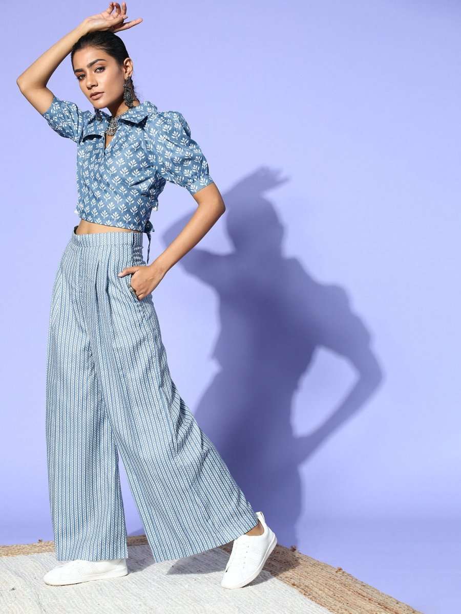 Blue Cotton Ethnic Motif Printed Co-Ords - Inddus.com