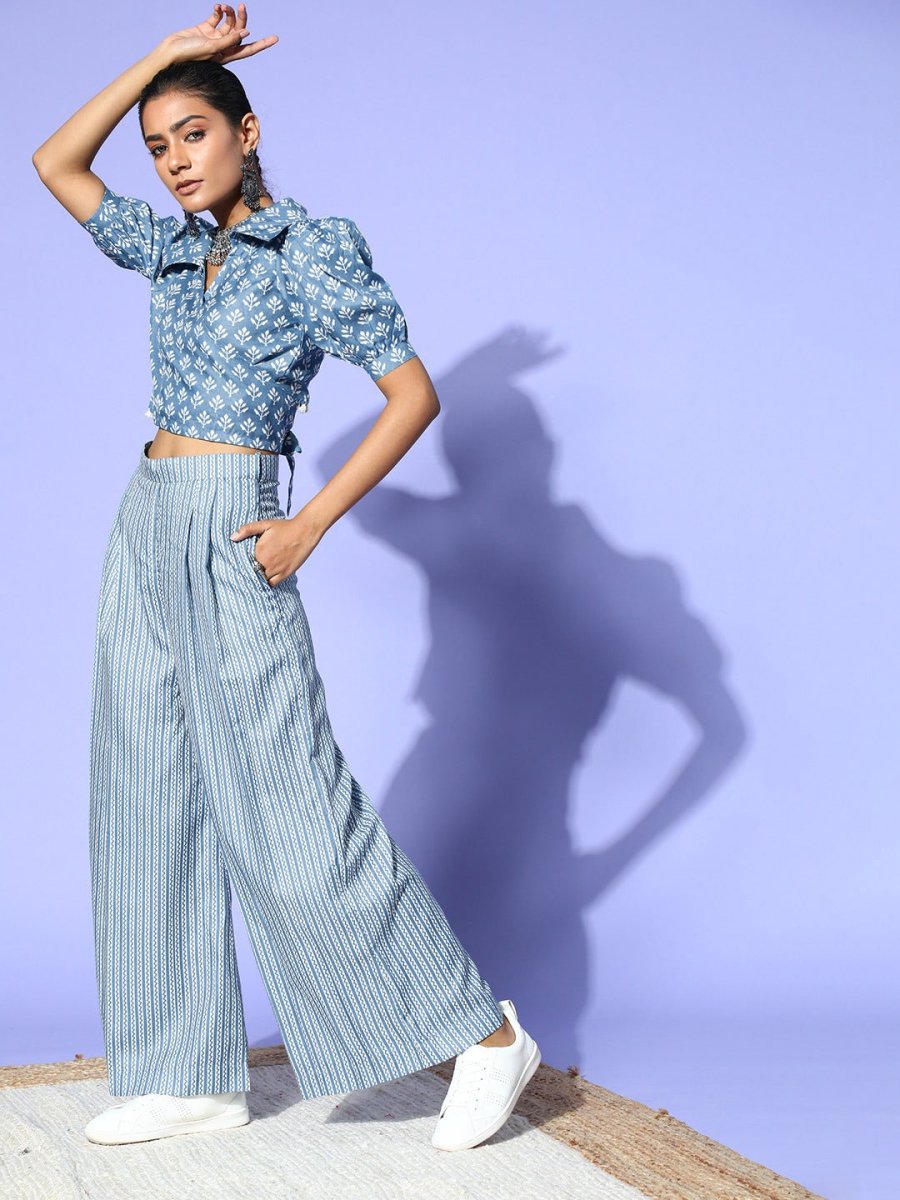 Blue Cotton Ethnic Motif Printed Co-Ords - Inddus.com