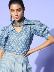 Blue Cotton Ethnic Motif Printed Co-Ords - Inddus.com